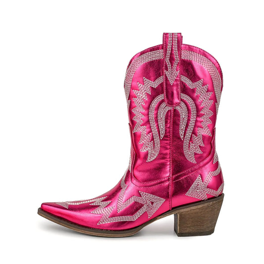 Womens Embroidered Cowgirl Boots Calf Thick Heels Pointed Head Country Music Festival Vintage Western Metal Cowboy Ankle Boot Pink6 - magnolia sales