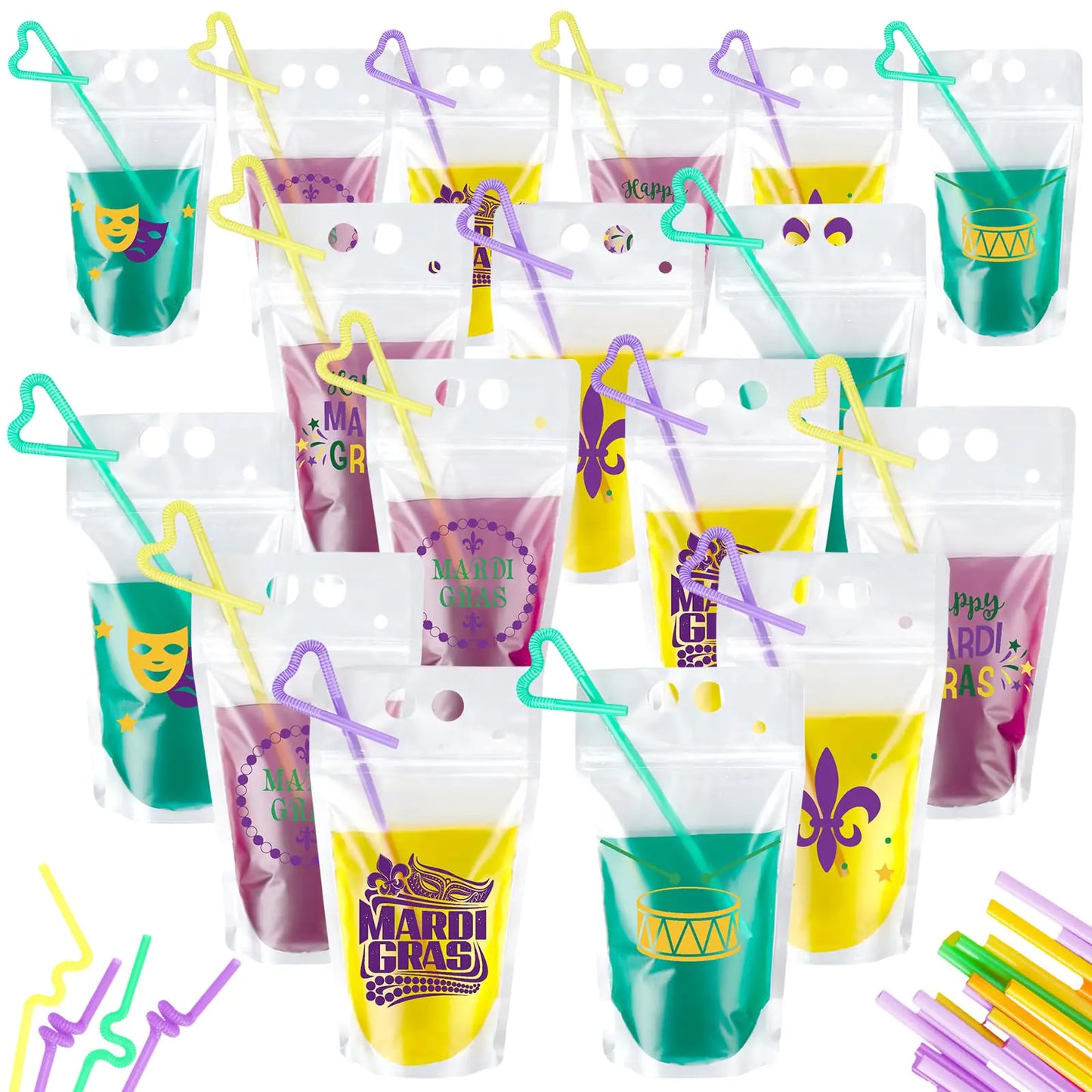 24 Set Mardi Gras Drink Pouches with Straws Mardi Gras Carnival Themed Party Favors Supplies Drink Pouches Mardi Gras Cups - magnolia sales