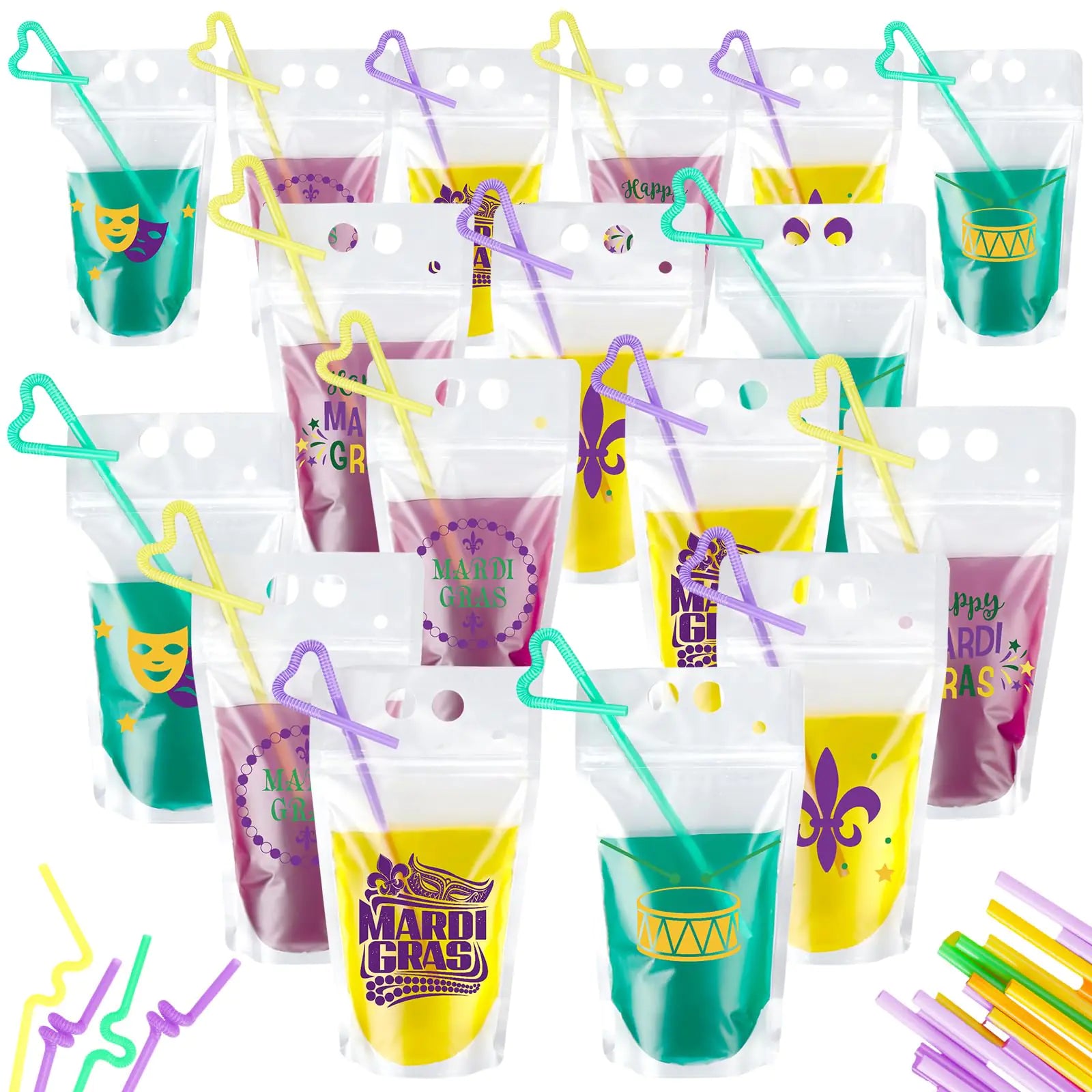 24 Set Mardi Gras Drink Pouches with Straws Mardi Gras Carnival Themed Party Favors Supplies Drink Pouches Mardi Gras Cups - magnolia sales