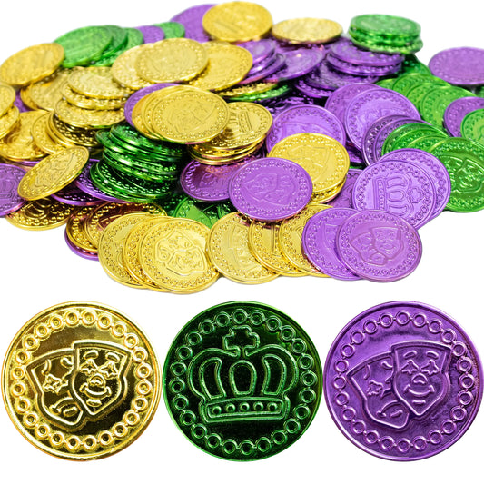 144PC Mardi Gras Plastic Coins Assorted Metallic Gold Green Purple Mardi Gras Coins Bulk for Mardi Gras Parade Party Favors - magnolia sales