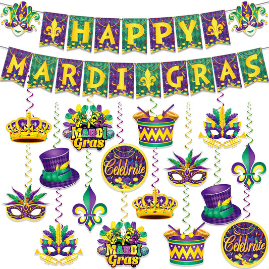 34Pcs Mardi Gras Party Decorations Mardi Gras Decorations include Mardi Gras Banner and Mardi Gras Hanging Decorations Mardi Gras Party Supplies Banner Foil Ceiling Swirls for Carnival Masquerade - magnolia sales