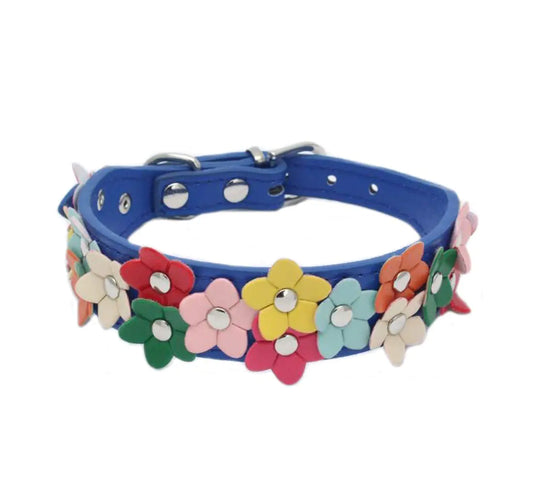 Cute Flower Pattern Colorful PU Leather Dog Collar Puppy Collar Pet Collar for Small or Medium Dogs(Dark BlueMedium) - magnolia sales