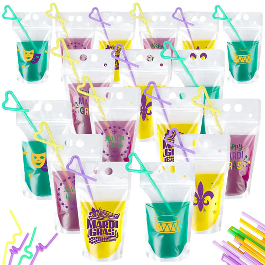 24 Set Mardi Gras Drink Pouches with Straws Mardi Gras Carnival Themed Party Favors Supplies Drink Pouches Mardi Gras Cups - magnolia sales